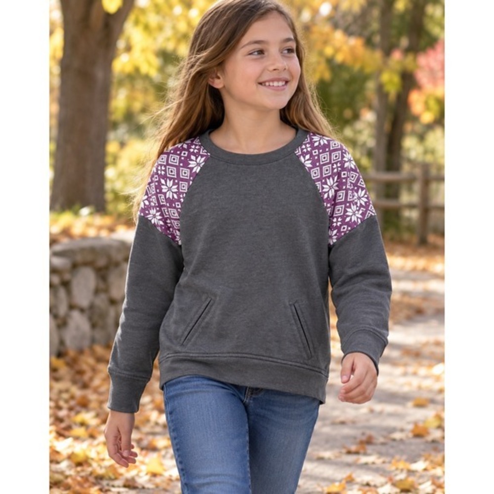 Zella Girl Gray Purple Fair Isle Raglan Sweatshirt Thumbholes Kids M 10-12